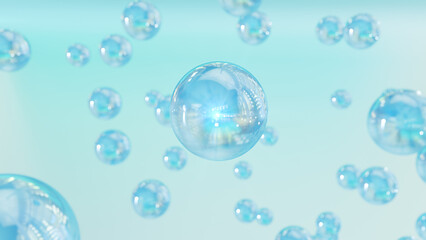 3D rendering Cosmetics Serum bubbles on defocus background. Miracle bubble design for cosmetics. Transparent balls, holographic liquid blobs floating in space, and artistic bubbles.