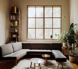 3d illustration of a mid century modern living room