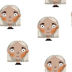 Seamless pattern with girls with light hair. Beautiful girl faces on white background. Illustration for kids design, textile, fabric, paper, books, nursing