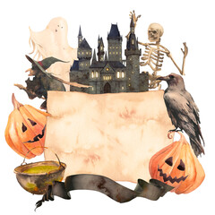 Happy Halloween template. Holiday banner ilustration with manor, pumpkins, ghost and skeleton. Scary characters artwork