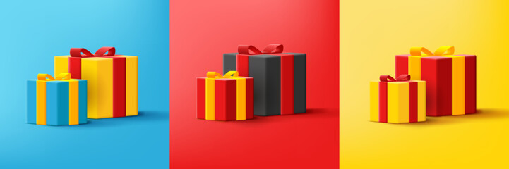 Set of gift boxes with ribbon and bow, small and large in different colors. Vector illustration