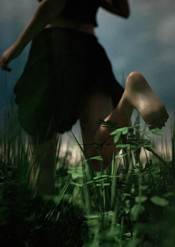 Woman in black skirt and shirt runs barefeet through a field with tall grass under a dark cloudy sky. 3D render.