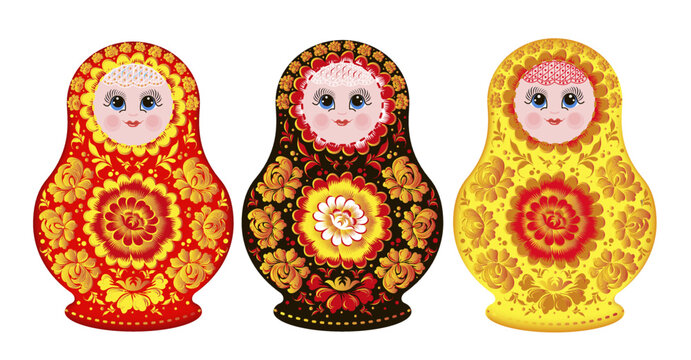 Wooden colored matryoshka doll. Russian nesting dolls. Vector image.