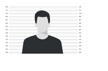 Silhouette of anonymous man in mugshot lineup isolated on white background. Front view of suspect silhouette. Criminal mugshot. Vector stock