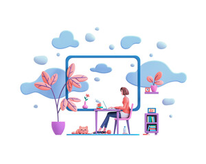 Casual brunette girl working on laptop from home, window view of sky blue clouds. Modern teenage girl room workplace, purple table, books, cat, coral color plants. 3d render isolated on white backdrop