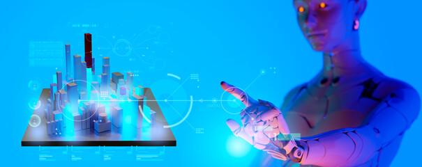 Smart city metaverse iot internet network technology 3D robot working with city architecture model with digital big data analyzing computer coding interface, futuristic internet technology for life.