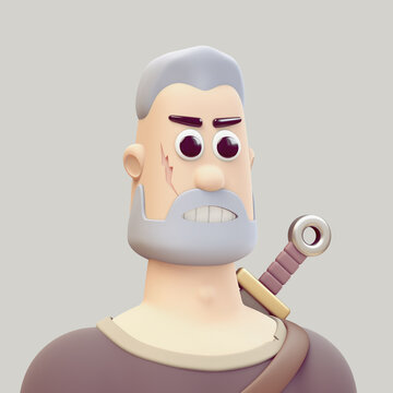 Portrait of cool brave angry hunter with gray hair, beard, mustache, white teeth, scar on his cheek, sword behind his back, brown shirt. Fairytale warrior face, shoulders. 3d render in pastel color.