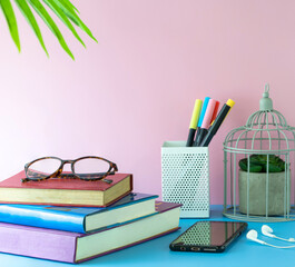 Bright colorful summer workspace for student, learn from home, e-learning concept.
