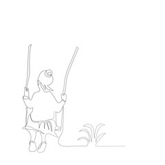 Behind one girl is sitting on a swing alone in the garden continue line style on white background.The back of cute girl playing on the swing in single line.Vector illustration flat design characters.