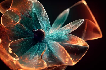 Eine schöne Blume aus Eis oder transparentem, glänzendem Glas auf einem glitzernden Hintergrund. Trendiger Luxus-Hintergrund. Bild für Hochzeitseinladungen, Pakete und Grußkarten, Banner. 3D-Darstellung © Viks_jin