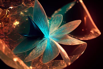 Eine schöne Blume aus Eis oder transparentem, glänzendem Glas auf einem glitzernden Hintergrund. Trendiger Luxus-Hintergrund. Bild für Hochzeitseinladungen, Pakete und Grußkarten, Banner. 3D-Darstellung © Viks_jin