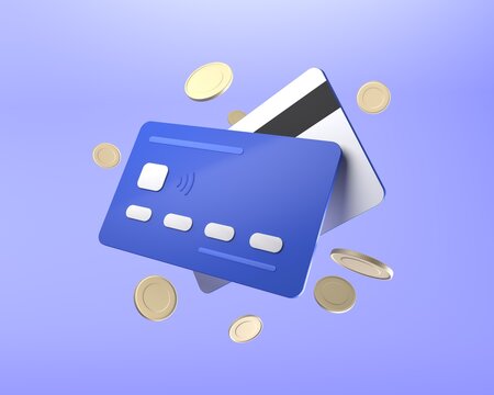 3d flying credit cards on blue background, card payment, credit card accept, online payment concept. 3d render illustration