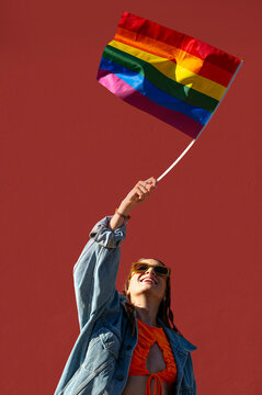 Cheerful woman with LGBT flag pointing up