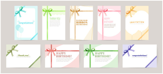 Ribbon-adorned card designs for greetings, birthday, invitation