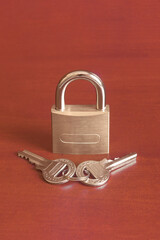 A gold padlock standing in front of two gold keys held together by a key ring on a colorful studio background with copy space. Security and trust concept.