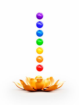 Golden lotus flower and rainbow colors spheres