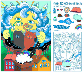 Puzzle hidden items for kids. Sea, sun, city, cats on home roofs. Find 12 hidden objects in the picture. Hand drawn vector illustration. Worksheet.