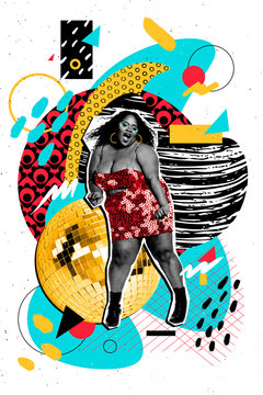Vertical creative collage image of plus size body positive funky confident woman good mood party dancing motley drawing comics background
