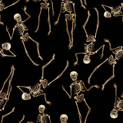 Halloween seamless pattern: dancing skeletons. Scary hand painted silhouettes texture