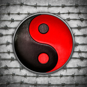 Illustration of a yin and yang symbol, red and black colored, on barbed wire