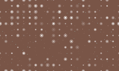 Seamless background pattern of evenly spaced white radio button symbols of different sizes and opacity. Vector illustration on brown background with stars