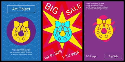 Trendy retro posters for organizing sales and other events. Large christmas wreath symbol in the center of each poster. Vector illustration on black background