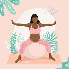 Pregnant African American girl doing Yoga exercises on a Fit Ball. Stability Ball exercises. Working out and fitness, Pregnancy concept. Flat vector illustration.