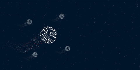Obraz na płótnie Canvas A time symbol filled with dots flies through the stars leaving a trail behind. Four small symbols around. Empty space for text on the right. Vector illustration on dark blue background with stars