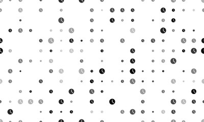 Seamless background pattern of evenly spaced black time symbols of different sizes and opacity. Vector illustration on white background