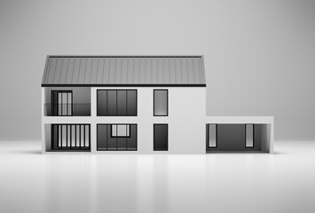 Simple house on white floor with grey background. 3d rendering of exterior residential building.