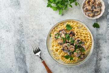 Fusilli pasta with mushrooms, cheese and garlic creamy sauce on plate on on grey stone or concrete table background. Top view. Traditional Italian cuisine.