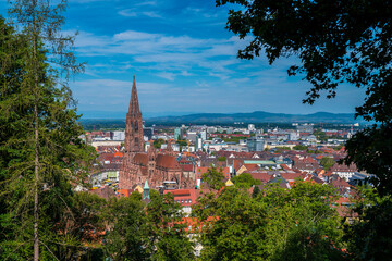 Germany, Freiburg im breisgau baden schwarzwald panorama view above old town and muenster church