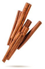 Cinnamon sticks fly close up on a white background.