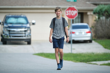 Young handsome smiling teenager boy with backpack happy going to school on sunny day