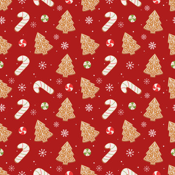 Seamless Christmas pattern with gingerbread lollipops on a red background.