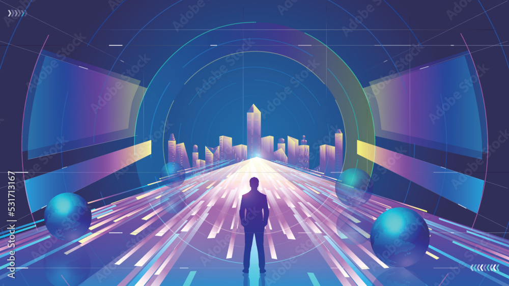 Wall mural neon tunnel leading to future city futuristic technology space background