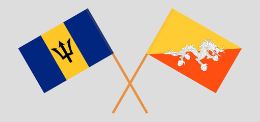 Crossed flags of Barbados and Bhutan. Official colors. Correct proportion