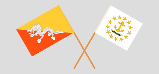 Crossed flags of Bhutan and the State of Rhode Island. Official colors. Correct proportion