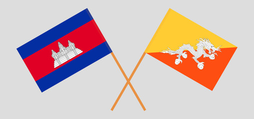 Crossed flags of Cambodia and Bhutan. Official colors. Correct proportion