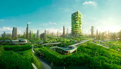 Foto op Plexiglas Spectaculair eco-futuristisch stadsbeeld ESG-concept vol met groen, wolkenkrabbers, parken en andere kunstmatige groene ruimten in stedelijk gebied. Groene tuin in moderne stad. Digitale kunst 3D illustratie. © Summit Art Creations