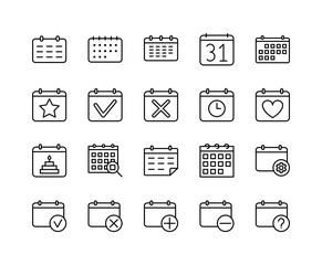 Calendar flat line icons set. Symbols contain holiday, important day, Time management, Meeting Deadlines. Simple flat vector illustration for web site or mobile app