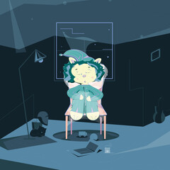Vector little lion dressed with green sleepwear sleeping in chair in its room near big window with stars outside. The chamber of the lion cube that includes lamp, pot with flower nearby the cat, so on