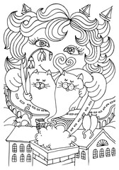 Fototapeta premium Coloring page. Fantastic marine, urban picture with cats. Coloring book for kids. Hand drawn cartoon style.