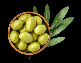 Delicious green olives in a wooden bowl, isolated on black background