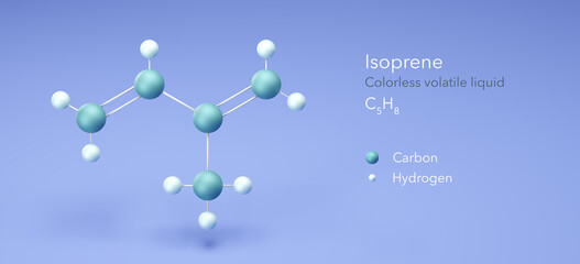 isoprene, molecular structures, hydrocarbon, ball and stick model 3d, Structural Chemical Formula and Atoms with Color Coding