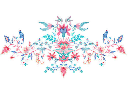 Watercolor oriental ornament Arabesque with flowers and monkeys. horizontal pattern