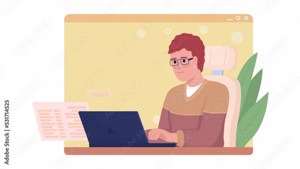 Poster animated isolated coding specialist. window with typing web developer. looped flat 2d character 4k v