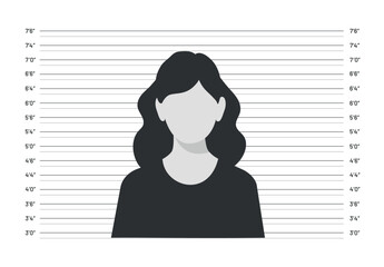 Silhouette of anonymous woman in mugshot lineup isolated on white background. Front view of suspect silhouette. Criminal mugshot. Vector stock - obrazy, fototapety, plakaty