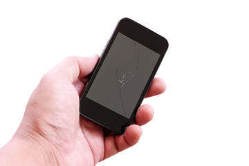 Smartphone screen broken in hand isolated
