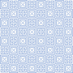 Blue cross-stitch knitting pattern on white background. Blue square dots on white backdrop. Monochrome fabric pattern design for sale. Knitting handicraft art.